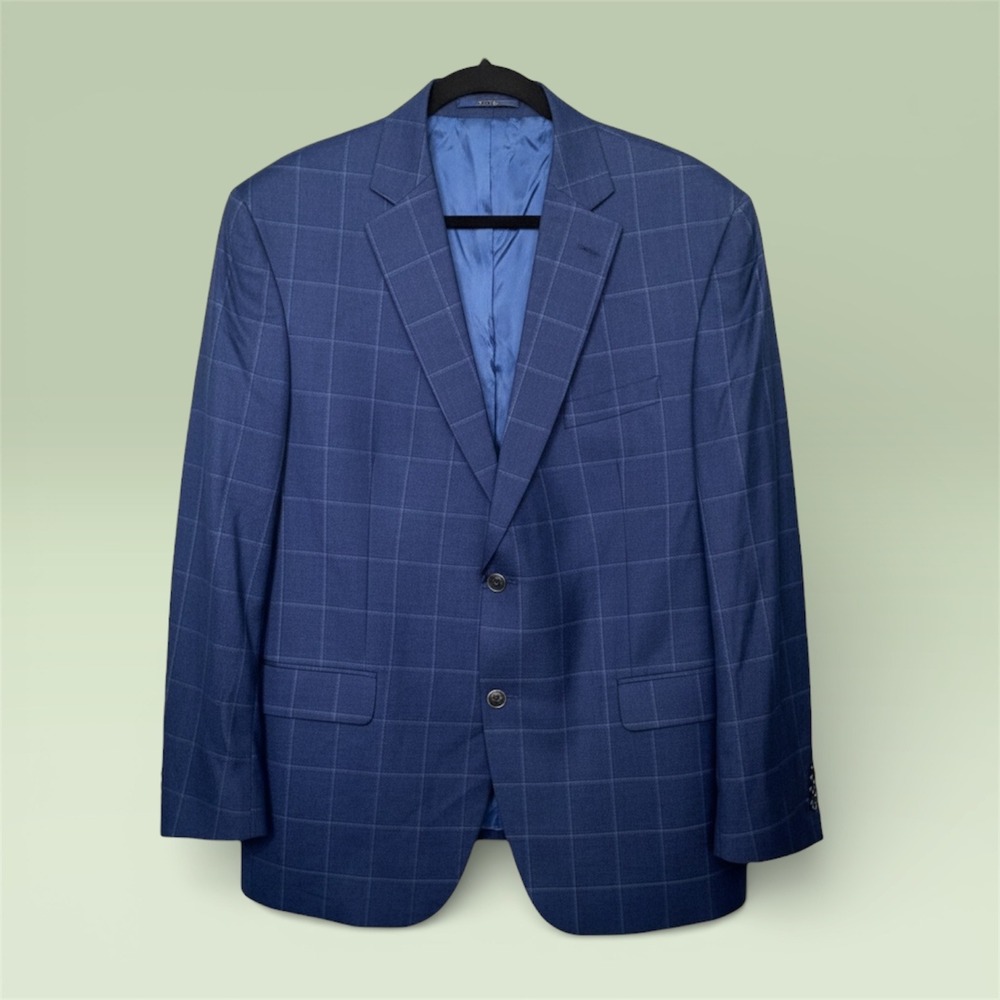 Daniel Cremieux Loro Piana Windowpane Plaid Wool Navy Blue Sport Coat‎ 46 R